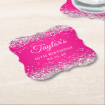 Silver Glitter Hot Pink 40th Birthday Paper Coaster<br><div class="desc">Create your own 40th birthday party favour paper coasters.
Girly faux sparkly silver glitter over a fuchsia hot pink background.
Customise the font styles to create your own design for her special celebration.
A classic elegant calligraphy paired with an all caps serif font.</div>