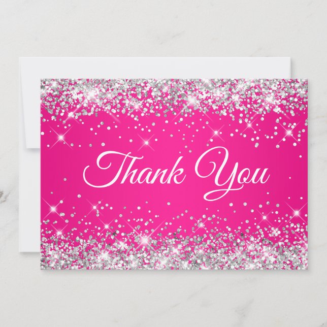 Silver Glitter Hot Pink 40th Birthday Thank You Card (Front)