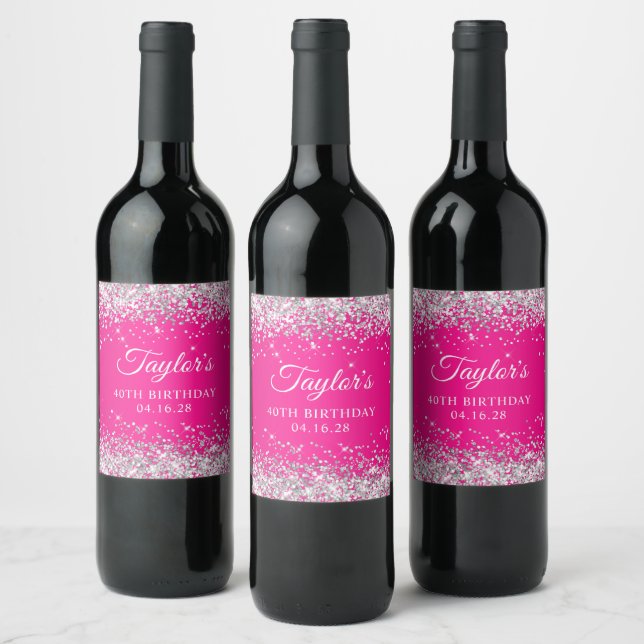 Silver Glitter Hot Pink 40th Birthday Wine Label (Bottles)