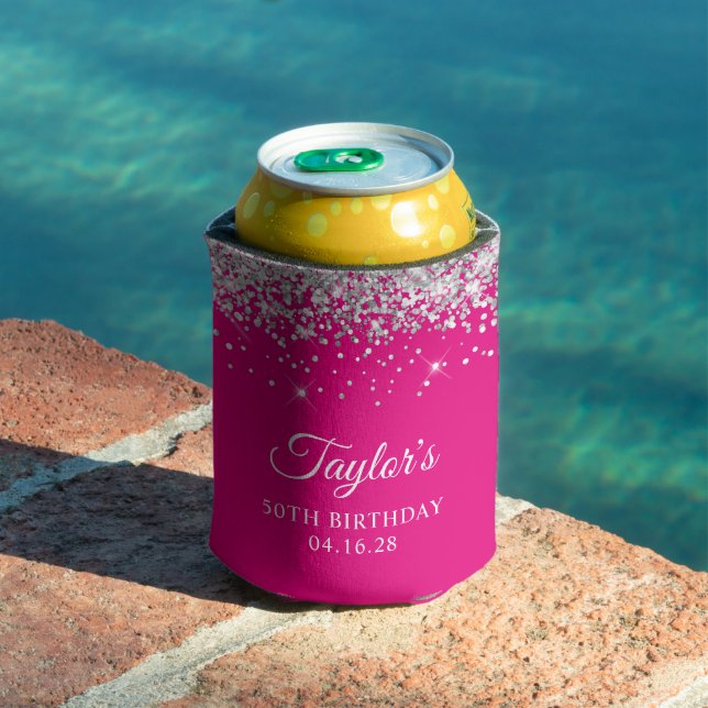 Silver Glitter Hot Pink 50th Birthday Can Cooler (In Situ Pool)