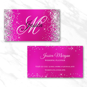 Silver Glitter Hot Pink Blur Monogram Profile Business Card