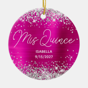Silver Glitter Hot Pink Fancy Mis Quince Photo Ceramic Ornament