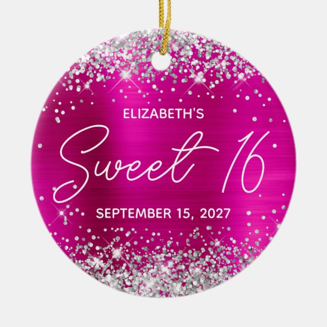 Silver Glitter Hot Pink Fancy Sweet 16 Photo Ceramic Ornament (Front)