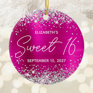 Silver Glitter Hot Pink Fancy Sweet 16 Photo Ceramic Ornament