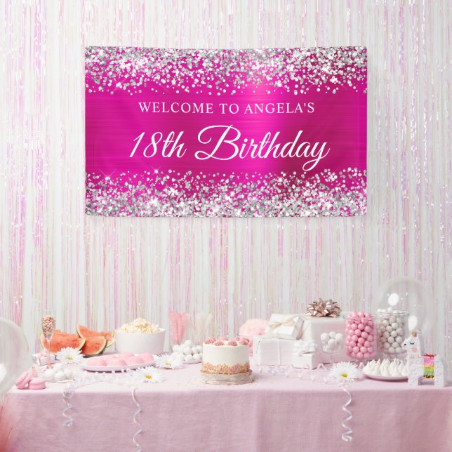 Silver Glitter Hot Pink Foil 18th Birthday Welcome Banner (Party)