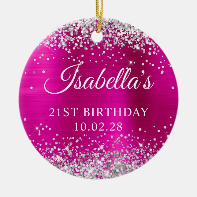 Silver Glitter Hot Pink Foil 21st Birthday Photo Ceramic Ornament (Front)