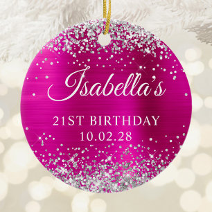 Silver Glitter Hot Pink Foil 21st Birthday Photo Ceramic Ornament