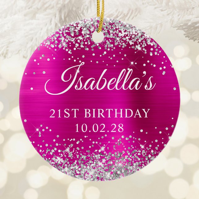 Silver Glitter Hot Pink Foil 21st Birthday Photo Ceramic Ornament (Silver Glitter Hot Pink Foil 21st Birthday Photo Ceramic Ornament)