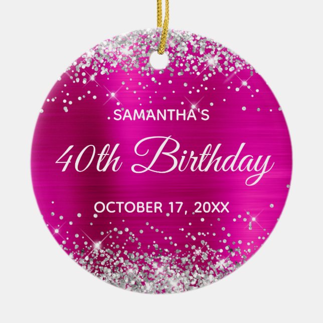 Silver Glitter Hot Pink Foil 40th Birthday Ceramic Ornament (Front)
