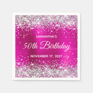 Silver Glitter Hot Pink Foil 50th Birthday Napkin