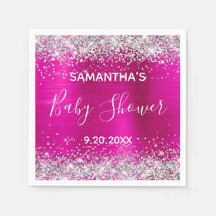 Silver Glitter Hot Pink Foil Baby Shower Napkin