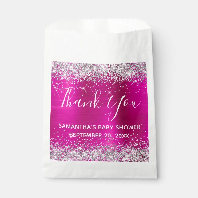 Silver Glitter Hot Pink Foil Baby Shower Thank You Favour Bag (Front)