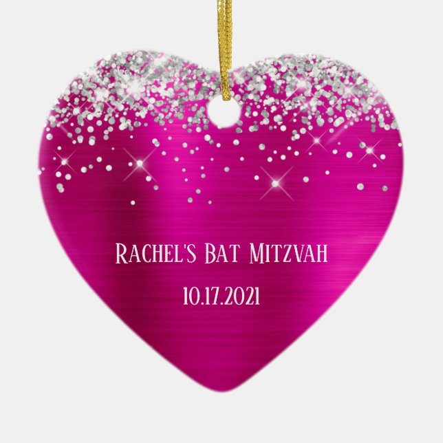 Silver Glitter Hot Pink Foil Bat Mitzvah Ceramic Ornament (Front)