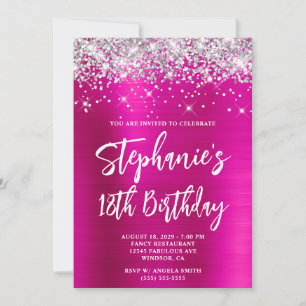 Silver Glitter Hot Pink Foil Bold 18th Birthday Invitation