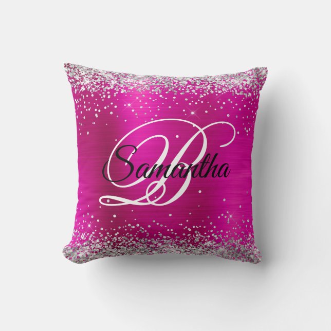 Silver Glitter Hot Pink Foil Fancy Monogram Cushion (Front)