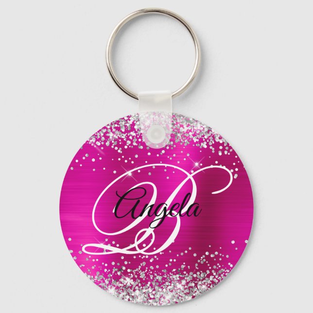 Silver Glitter Hot Pink Foil Fancy Monogram Key Ring (Front)