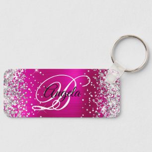 Silver Glitter Hot Pink Foil Fancy Monogram Key Ring