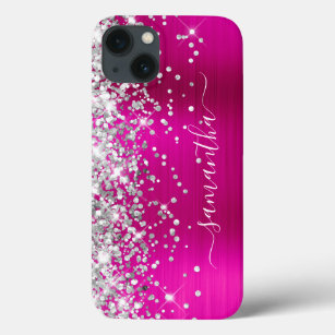 Silver Glitter Hot Pink Foil Girly Signature iPhone 13 Case