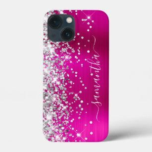 Silver Glitter Hot Pink Foil Girly Signature iPhone 13 Mini Case