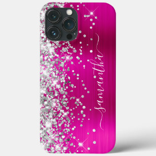 Silver Glitter Hot Pink Foil Girly Signature iPhone 13 Pro Max Case