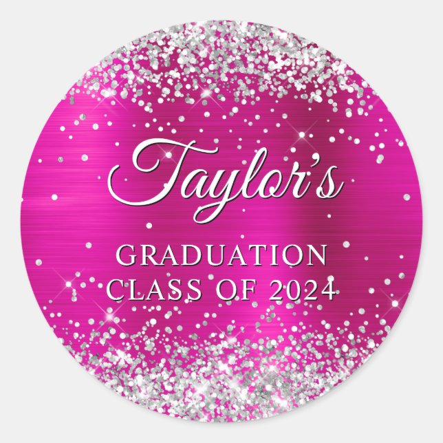 Silver Glitter Hot Pink Foil Graduation Classic Round Sticker (Front)