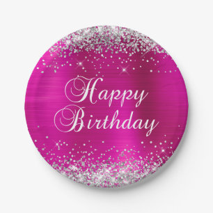 Silver Glitter Hot Pink Foil Happy Birthday Paper Plate