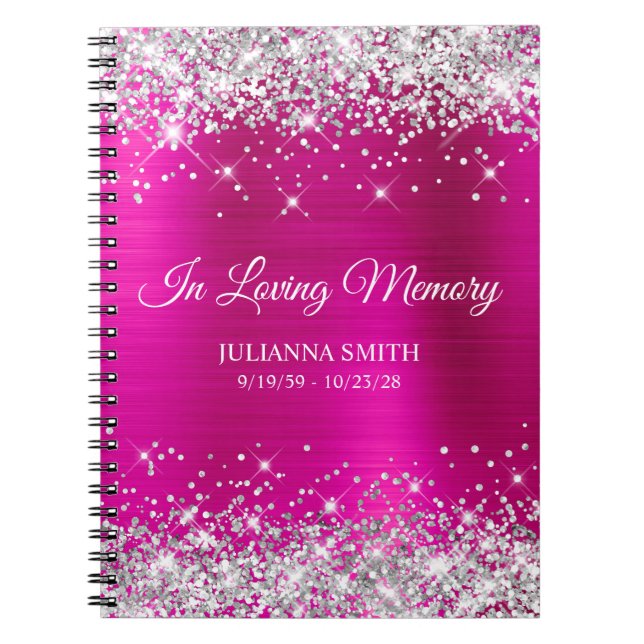 Silver Glitter Hot Pink Foil Memorial Guestbook Notebook (Front)