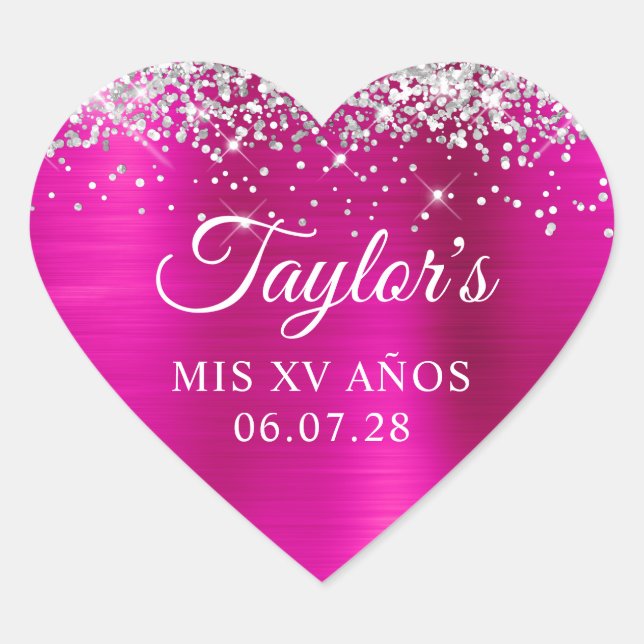 Silver Glitter Hot Pink Foil Mis XV Anos Birthday Heart Sticker (Front)