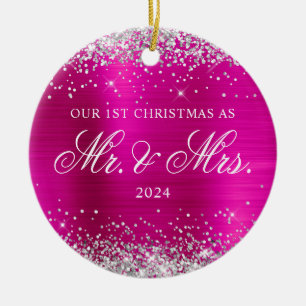 Silver Glitter Hot Pink Foil Our 1st Christmas Ceramic Ornament