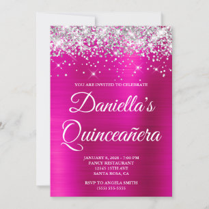 Silver Glitter Hot Pink Foil Quinceañera Invitation