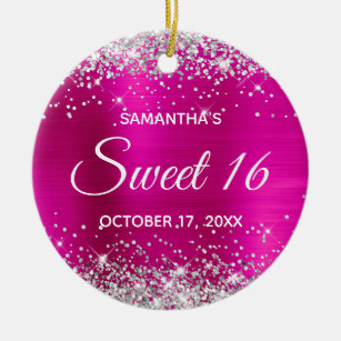 Silver Glitter Hot Pink Foil Sweet 16 Birthday Ceramic Ornament
