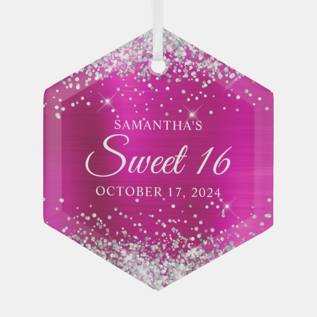 Silver Glitter Hot Pink Foil Sweet 16 Glass Tree Decoration (Front)