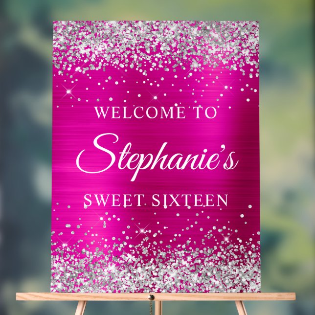 Silver Glitter Hot Pink Foil Sweet Sixteen Welcome Acrylic Sign (Neutral)