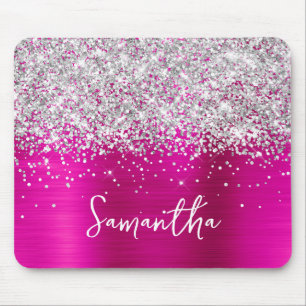 Silver Glitter Hot Pink Glam Name Mouse Pad