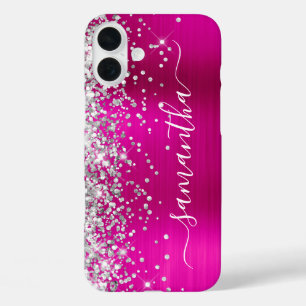 Silver Glitter Hot Pink Metallic Girly Signature iPhone 16 Plus Case