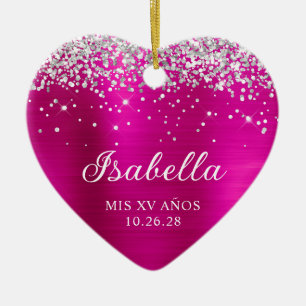 Silver Glitter Hot Pink Mis XV Anos Name Photo Ceramic Ornament