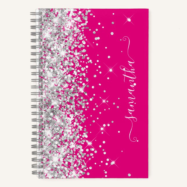 Silver Glitter Hot Pink Modern Girly Signature Notebook (Front)