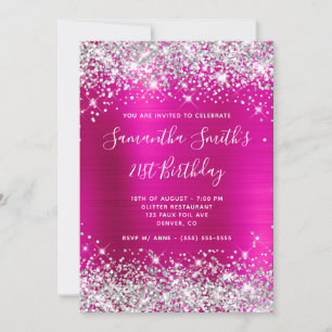 Silver Glitter Hot Pink Monogram 21st Birthday Invitation