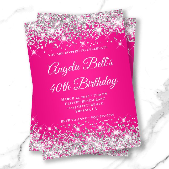 Silver Glitter Hot Pink Monogram 40th Birthday Invitation (Silver Glitter Hot Pink Monogram 40th Birthday Invitation)