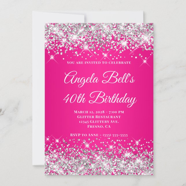 Silver Glitter Hot Pink Monogram 40th Birthday Invitation (Front)