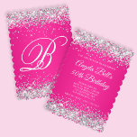 Silver Glitter Hot Pink Monogram 50th Birthday Invitation<br><div class="desc">An elegant monogrammed 50th birthday 5x7 invitation for her. Faux shiny silver glitter with sparkles against a bright hot pink ombre graphic image. The white classic fancy calligraphy of the monogram can be customised. All the glittery, sparkly elements in this modern girly design are digital graphics that will print like...</div>