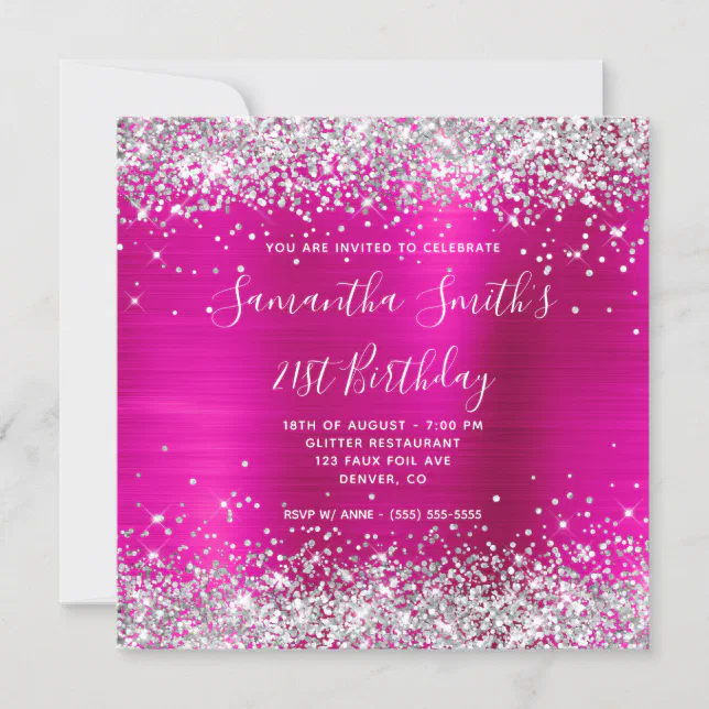 Silver Glitter Hot Pink Monogrammed 21st Birthday Invitation | Zazzle