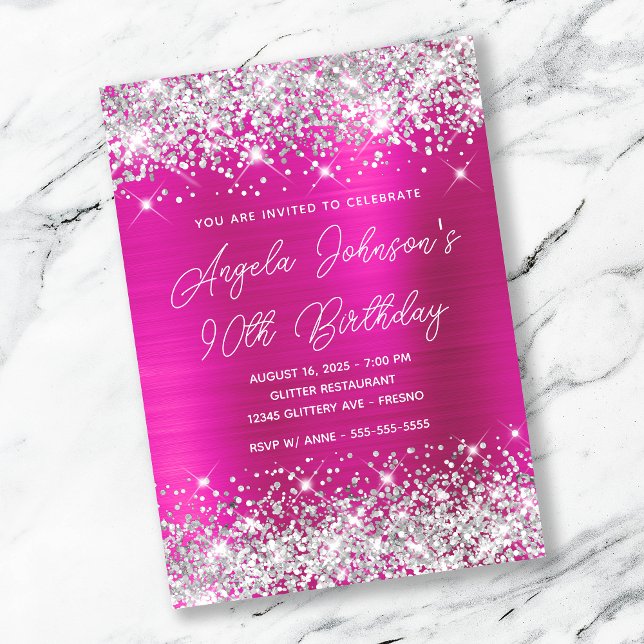 Silver Glitter Hot Pink Monoline 90th Birthday Invitation (Creator Uploaded)