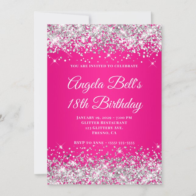 Silver Glitter Hot Pink Ombre 18th Birthday Invitation (Front)