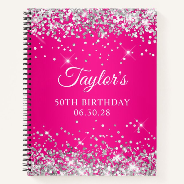 Silver Glitter Hot Pink Ombre 50th Birthday Guest Notebook (Front)