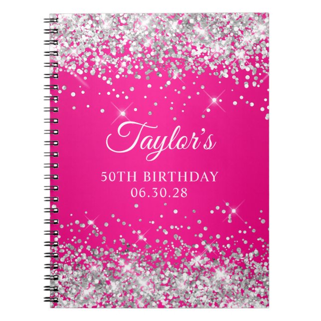 Silver Glitter Hot Pink Ombre 50th Birthday Guest Notebook (Front)