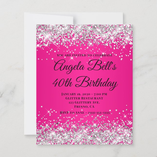 Silver Glitter Hot Pink Ombre Fancy Monogram 40th (Front)