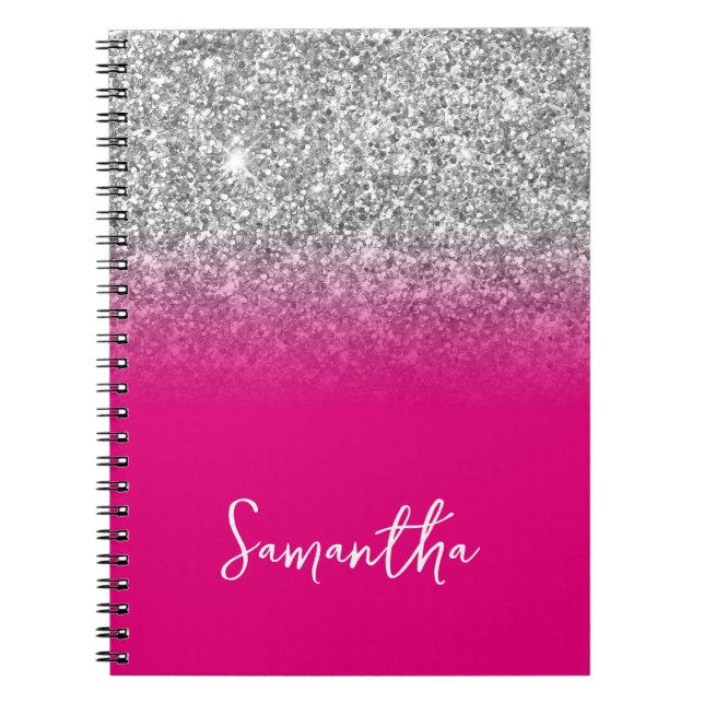 Silver Glitter Hot Pink Ombre Name Notebook (Front)