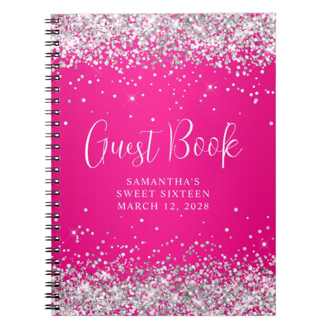 Silver Glitter Hot Pink Ombre Sweet 16 Guest Notebook (Front)