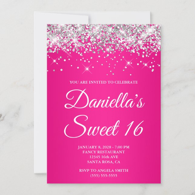 Silver Glitter Hot Pink Ombre Sweet 16 Invitation (Front)
